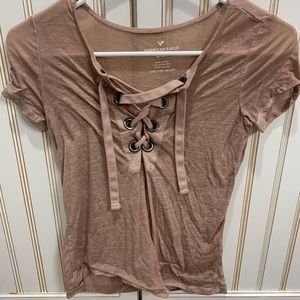 blush lace up american eagle tee